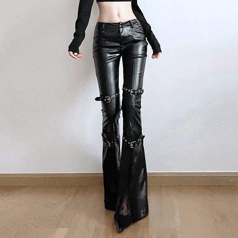 Midnight Reign Buckled Flare Leather Pants