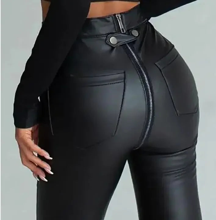 Back-Zip High Waist Leather Pants
