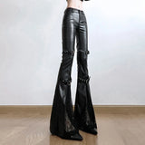 Midnight Reign Buckled Flare Leather Pants