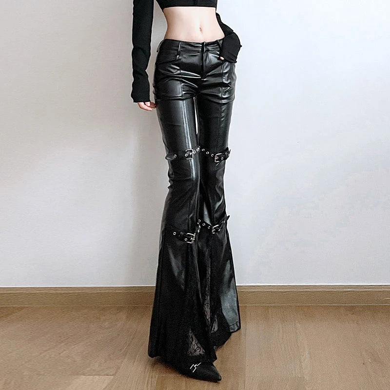Midnight Reign Buckled Flare Leather Pants