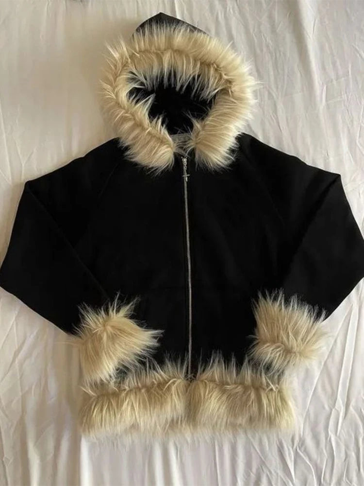 faux fur zip up hoodie - AfterAmour