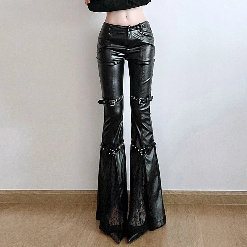 Midnight Reign Buckled Flare Leather Pants