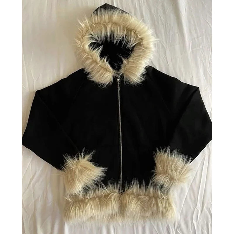 faux fur zip up hoodie - AfterAmour