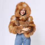 Women Cropped Hooded Real Fox Fur Coat