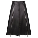 High Waist Triple Zip Leather Long Skirt