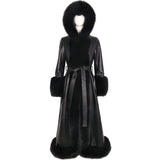 Ladies Fox Fur Collar Hooded Real Leather Trench Coat