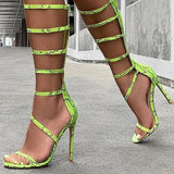 Green Snakeskin Open-Toed High Heels