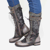 Embossed Rose Leather Buckle Knee High Boots