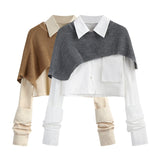 Short Blouse Shirt + Solid Knitted Pullover Crop Shawl Sweater