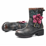 Charcoal Pink Rose Mid-Calf Leather Boots