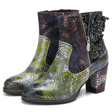 Green Bronze Floral Leather Zip Ankle Boots