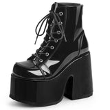 Black Patent Leather Lace Up Platform High Heel Boots