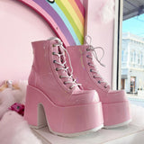 Pink Patent Leather Lace Up Platform High Heel Boots