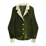 French Cuff Pleated Green Velvet Blouse