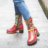 Red Garden Embroidered Leather Mid Calf Boots