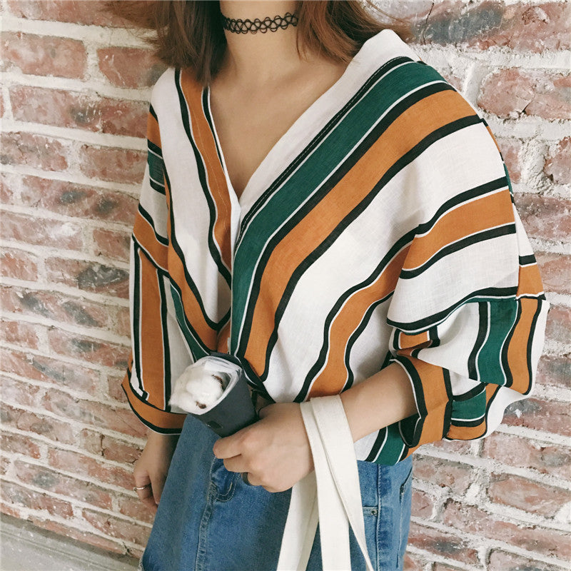 classic striped 3/4 sleeve blouse - AfterAmour