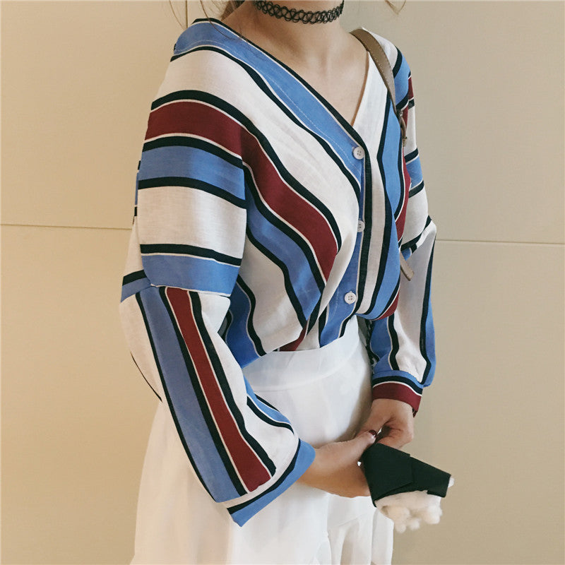 classic striped 3/4 sleeve blouse - AfterAmour