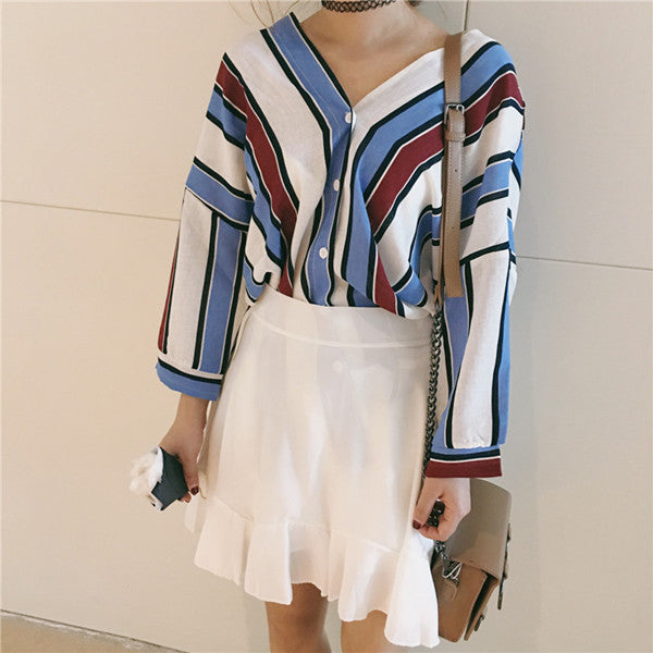 classic striped 3/4 sleeve blouse - AfterAmour