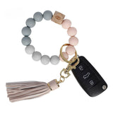 PU Tassel Keychain Bag charm Silicone Beaded Keychain Wristlet Key Ring Bracelet Cute Car Key Chain Holder for Women Girls