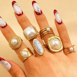 Adjustable Open Stainless Steel Pearl Ring, 18K Gold Plated Oval Baroque Ring