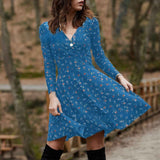 Retro Floral Print V-Neck Long Sleeve Dress