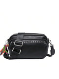 Women Small Crossbody Bag Beige With Multiple Pockets Trendy Tassel Compact Organized Square Purse Black With Wide Comfortable Nylon Guitar Strap