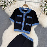 Fashion Two-Piece Set – Elegant Crewneck Single-Breasted Denim Contrast Crop Top + Skirt Suit