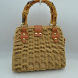 Woven Straw Satchel Bag with Bamboo Top Handle and Crossbody Strap