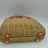 Woven Straw Satchel Bag with Bamboo Top Handle and Crossbody Strap