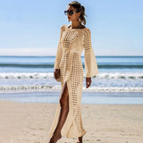 Sexy Hollow-Out Knitted Beach Dress ¨C Long Sleeve Split Hem Bikini Cover-Up, Vacation Maxi Kimono