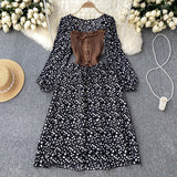 Trendy Dress with Tie Belt – French Contrast Floral Print, Two-Piece Illusion Design, Sweet Long Sleeve Frock
