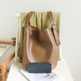 Elegant Woven Shoulder Strap Bucket Bag for Female - Versatile Texture Soft PU Retro Casual Tote