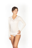 EGI Exclusive Merino Wool Blend Top V-Neck Lace Trim Long Sleeves. Proudly Made in Italy (303)