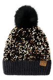 C.C Women's Sequin Fur Pom Beanie