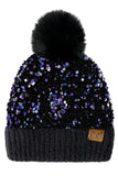 C.C Women's Sequin Fur Pom Beanie