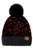 C.C Women's Sequin Fur Pom Beanie