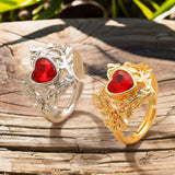 Hollow Leaf Red Heart Gemstone Ring Niche Unique Open Band Index Finger Ring