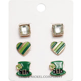 3Pairs Stone Enamel St Patricks Heart Hat Stud Earring Set