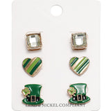 3Pairs Stone Enamel St Patricks Heart Hat Stud Earring Set