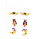 3Pairs - Enamel Pumpkin Candy Owl Crescent Moon Stud Earrings