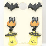 3Pairs - Halloween Themed Bat Black Cat UFO Stud Earring Set