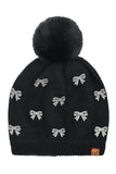 C.C Allover Rhinestone Mini Bow Pom Beanie