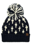 C.C Cross Pattern All Over Yarn Big Pom Beanie
