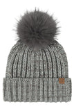 C.C Two Tone Heather Faux Fur Pom Cuff Beanie
