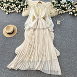 Premium Beaded Lantern Sleeve Tassel Dress –Tie-Waist A-Line Midi, Office Elegant Shift Dress