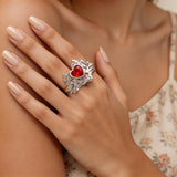 Hollow Leaf Red Heart Gemstone Ring Niche Unique Open Band Index Finger Ring