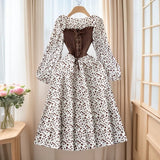 Trendy Dress with Tie Belt – French Contrast Floral Print, Two-Piece Illusion Design, Sweet Long Sleeve Frock