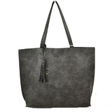 Reversible Faux Leather Tote Bag Vegan Tassel Handbag