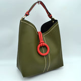 Pebbled Bucket Bag with Contrast Ring Accent and Top Handle