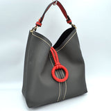 Pebbled Bucket Bag with Contrast Ring Accent and Top Handle